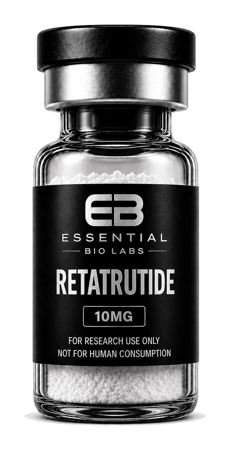 Essential Bio Labs Retatrutide 10mg research vial with lyophilized powder