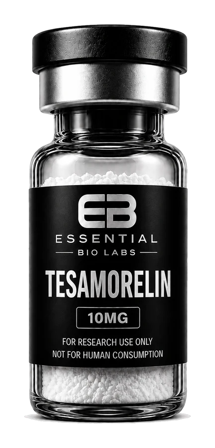 Essential Bio Labs Tesamorelin 10mg research vial, lyophilized powder